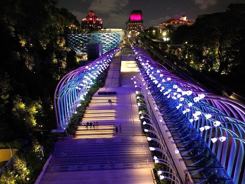 The double-helix walkway of the Helix Bridge lit in violet and blue over Marina Bay