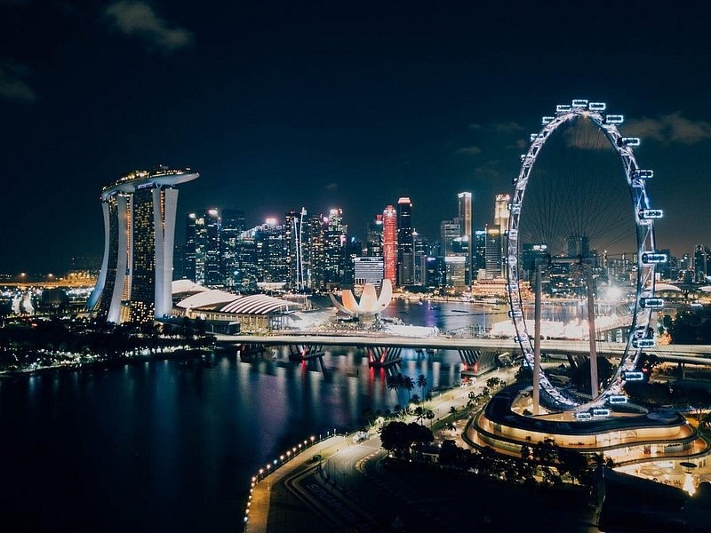 The Singapore Flyer observation wheel and the lit skyline reflected in Marina Bay at night